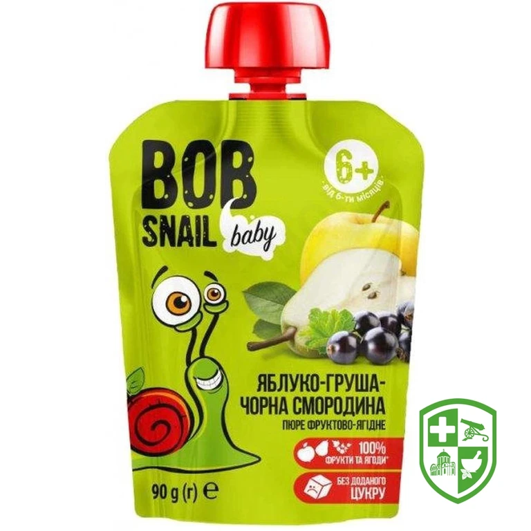 Пюре фруктове Равлик Боб для дітей 90 г, яблуко-груша-чорна смородина
