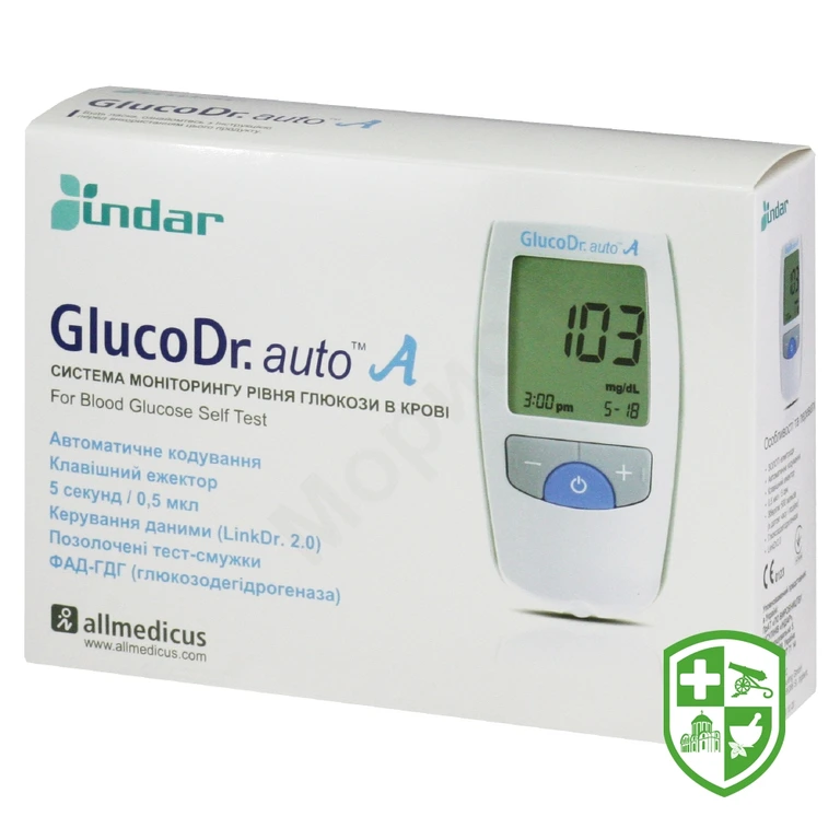 Система для визначення рівня глюкози в крові GlucoDr auto AGM 4000 прилад, 25 тест-смужок, авторучка д/проколу, 10 ланц.