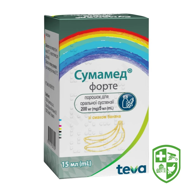 Сумамед форте пор. д/сусп. 200 мг/5 мл 15.мл зі смаком банана №1